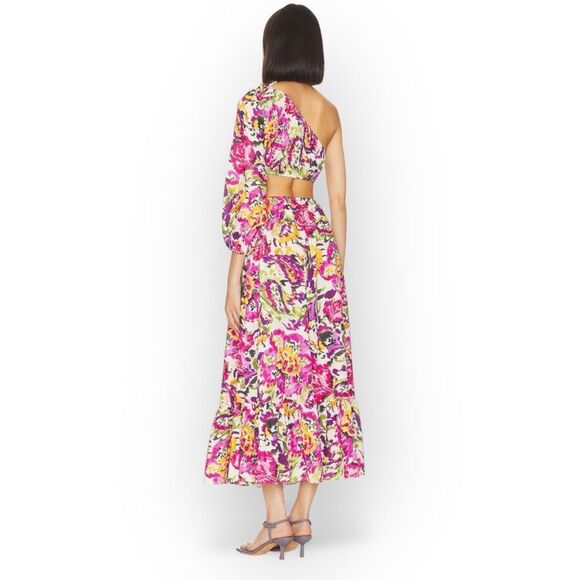 Misa Mahika Maxi Dress XS Floral Multicolor One Shoulder Adjustable Waist Tie - Picture 2 of 11